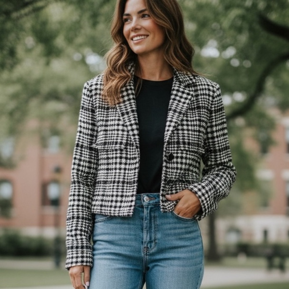 Calvin Klein Cropped Houndstooth Tweed Jacket Size 8 Nwt Msrp $159